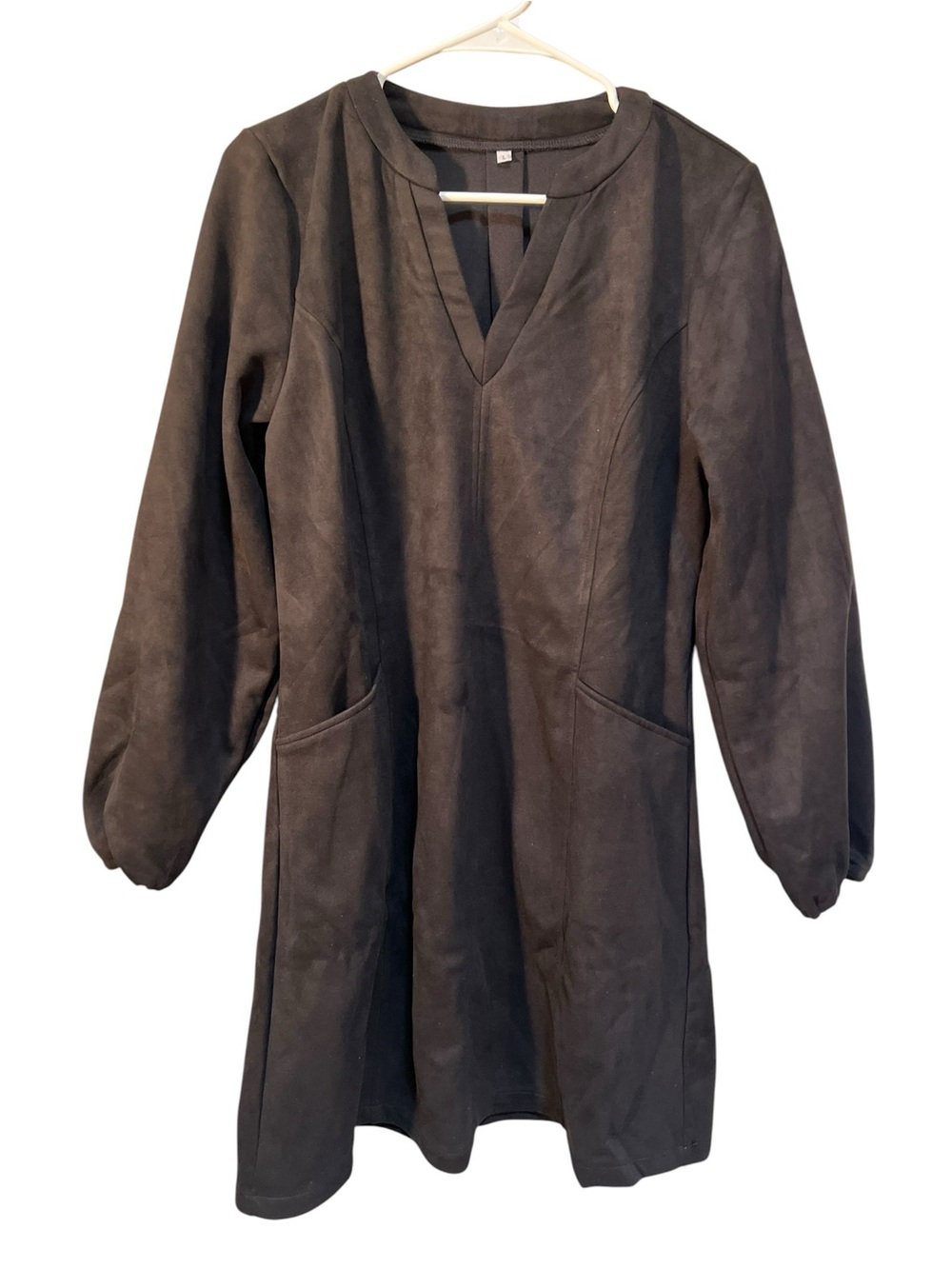 Womens Sz Large Faux Suede Dress Long Sleeve Black V-Neck Pockets Thicker Weight